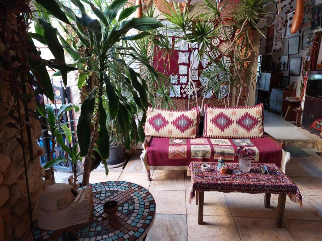 Kilim sitting room with Turkish decor, hanging gourds and courtyard view